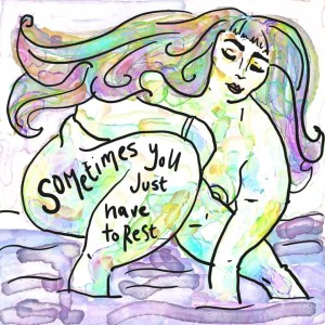 ‘Sometimes you just have to rest’ by Miki Rogers Digital illustration using watery colours and pencil sets of naked plus size woman by a stream with her hand in the water